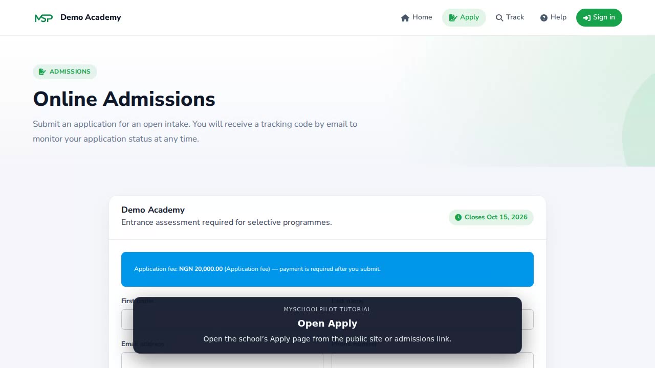 Online admissions (public) preview